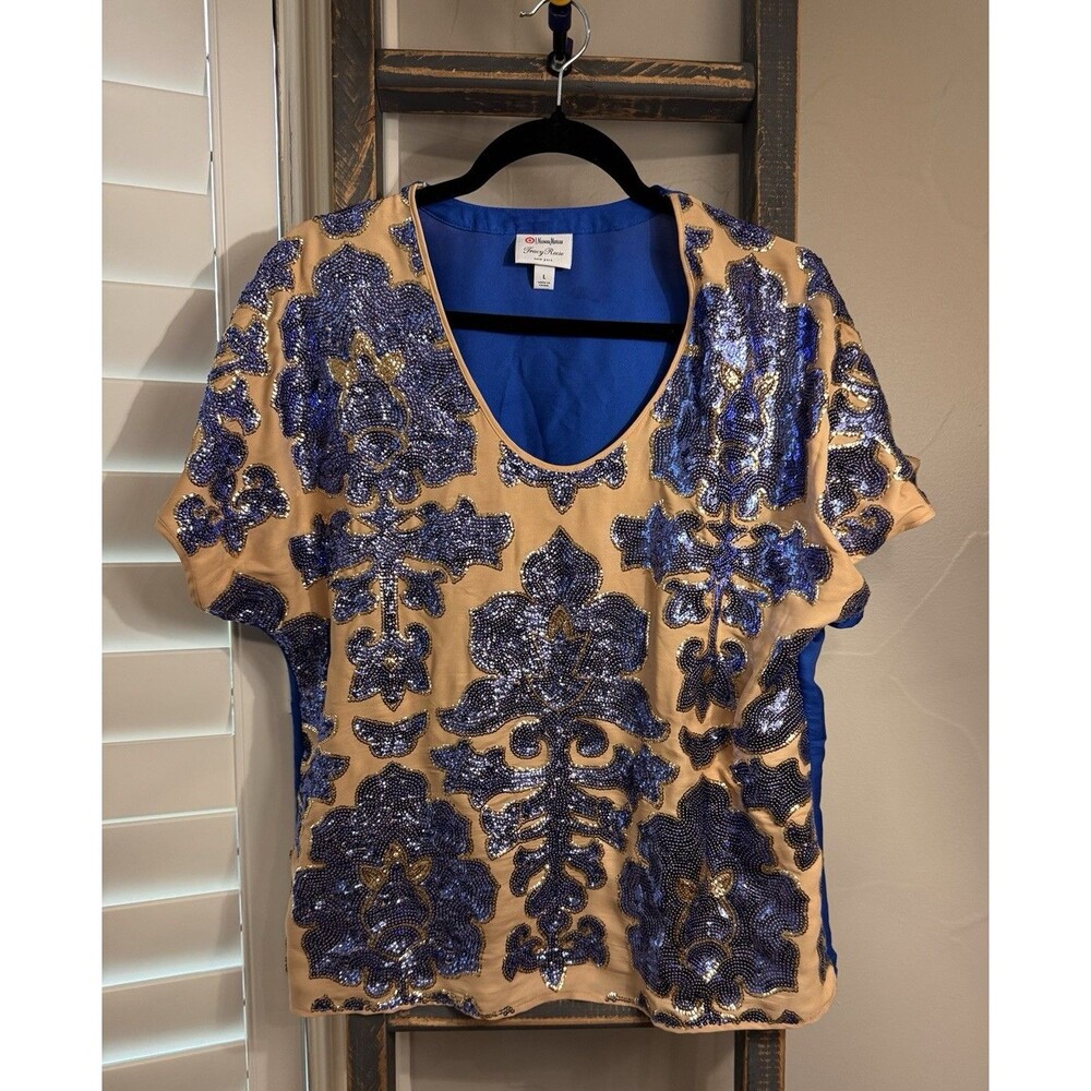 Target Neiman Marcus Tracy Reese Large Womens Large Top Blue Embellished Floral